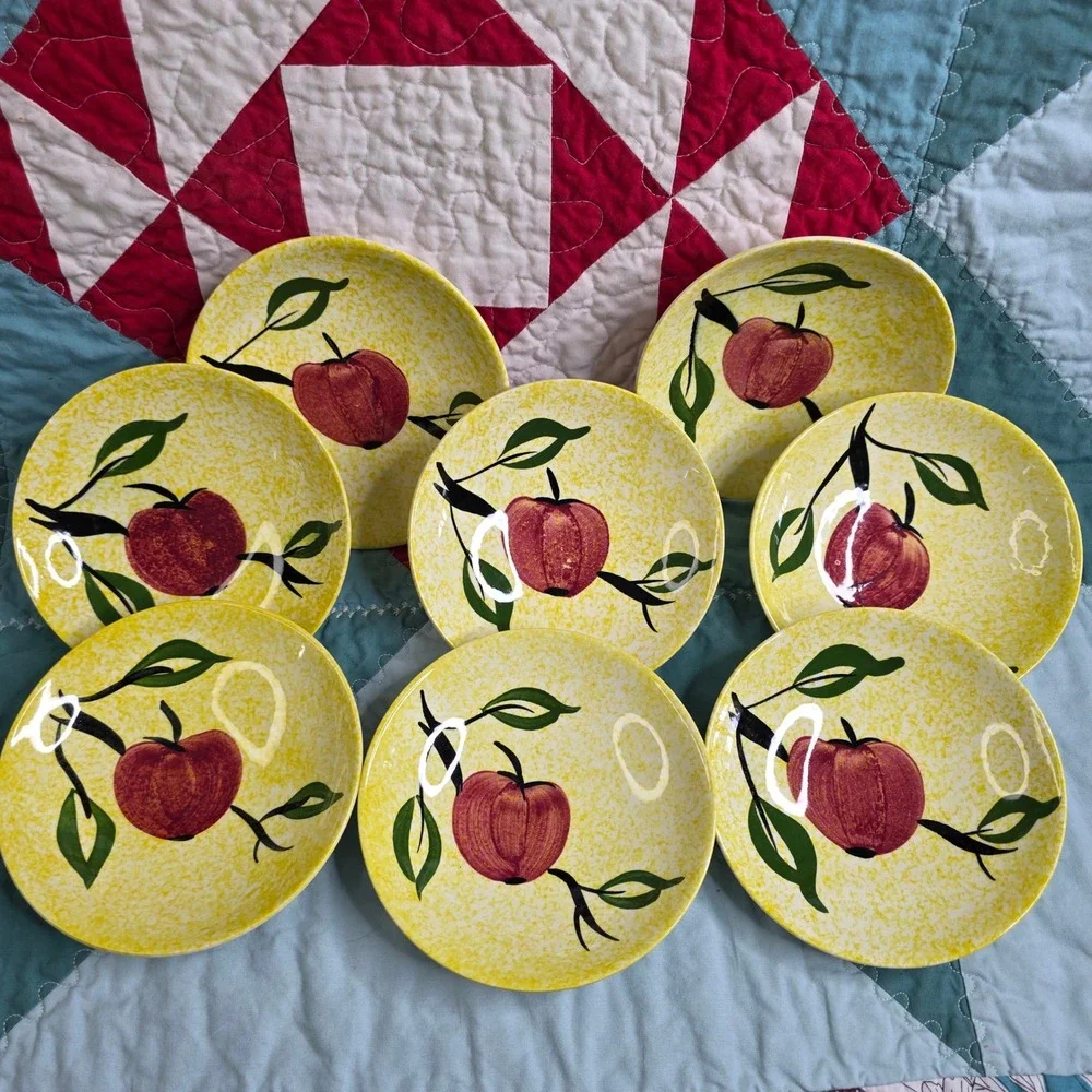 Vintage Mid Century Modern Apple Pattern Yellow Speckled Ceramic Small Plates x8